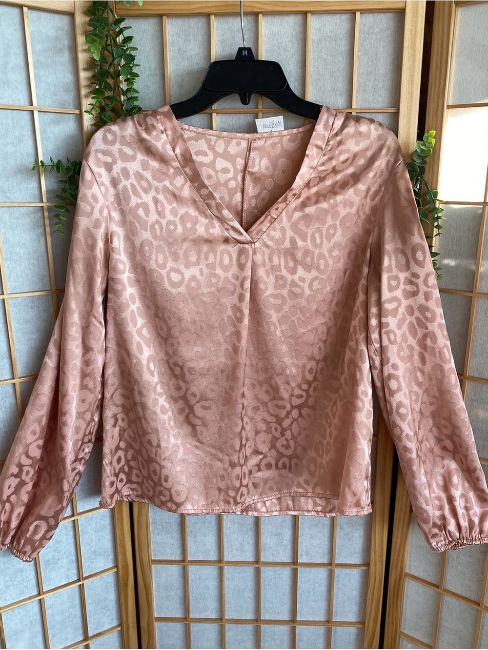 SHEIN Satin Leopard Jacquard V-Neck Blouse in Rose